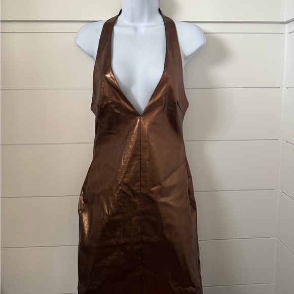 Zara Dresses & Skirts - Zara Metallic Bronze Halter Midi Dress with Back Slit, Women’s M
